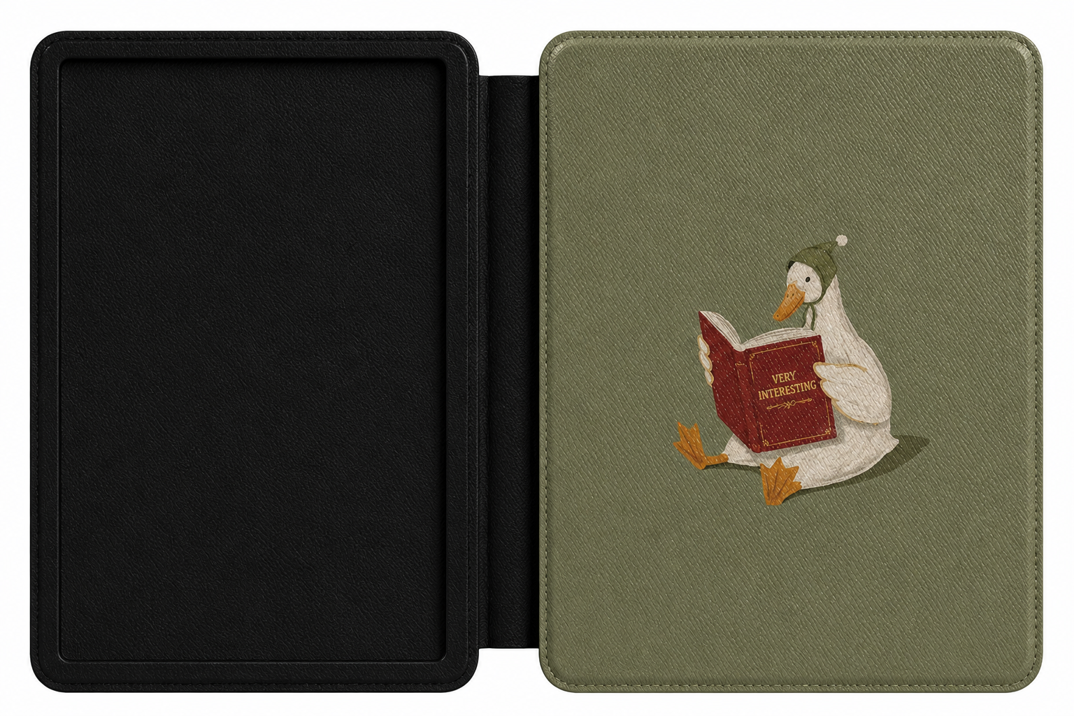 Reading Duck Kindle case open showing e-ink Kindle on right interior panel