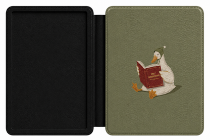 Reading Duck Kindle case open showing e-ink Kindle on right interior panel
