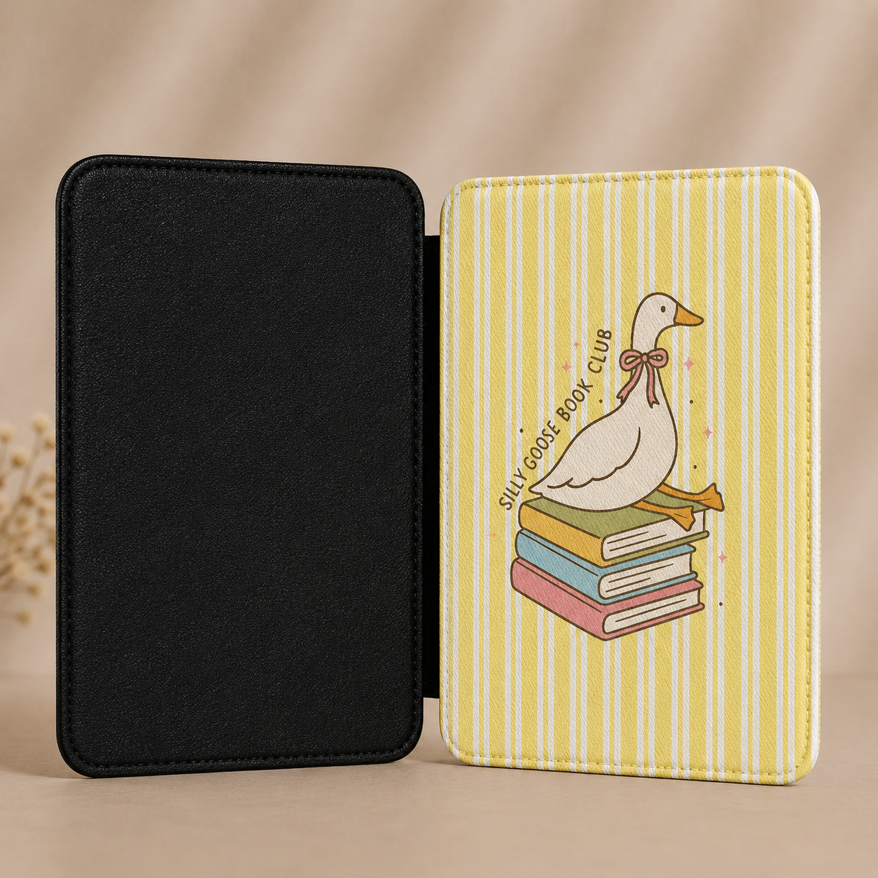 Butter yellow stripe Kindle Paperwhite case with goose on books — Jardin Secret gift