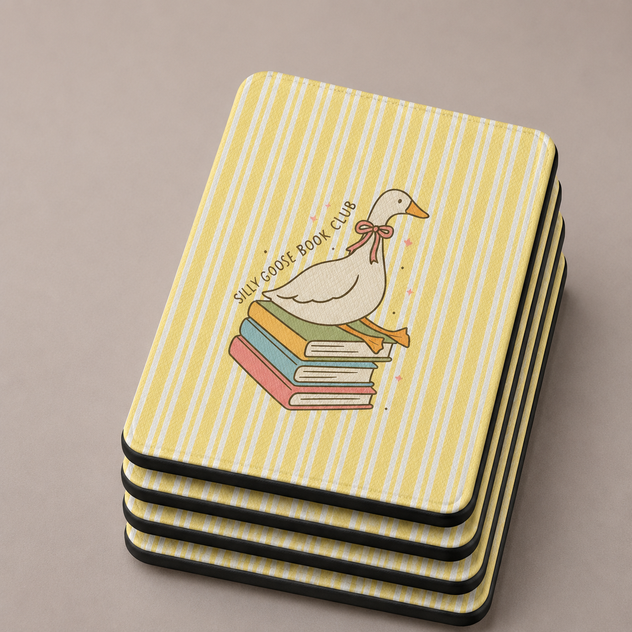 Reading goose Kindle case with elastic hand strap — Jardin Secret butter yellow stripe
