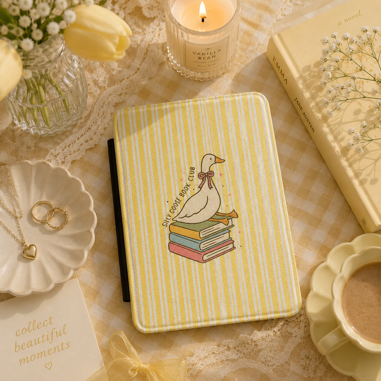 Reading goose Kindle case open showing black interior — Jardin Secret cottagecore