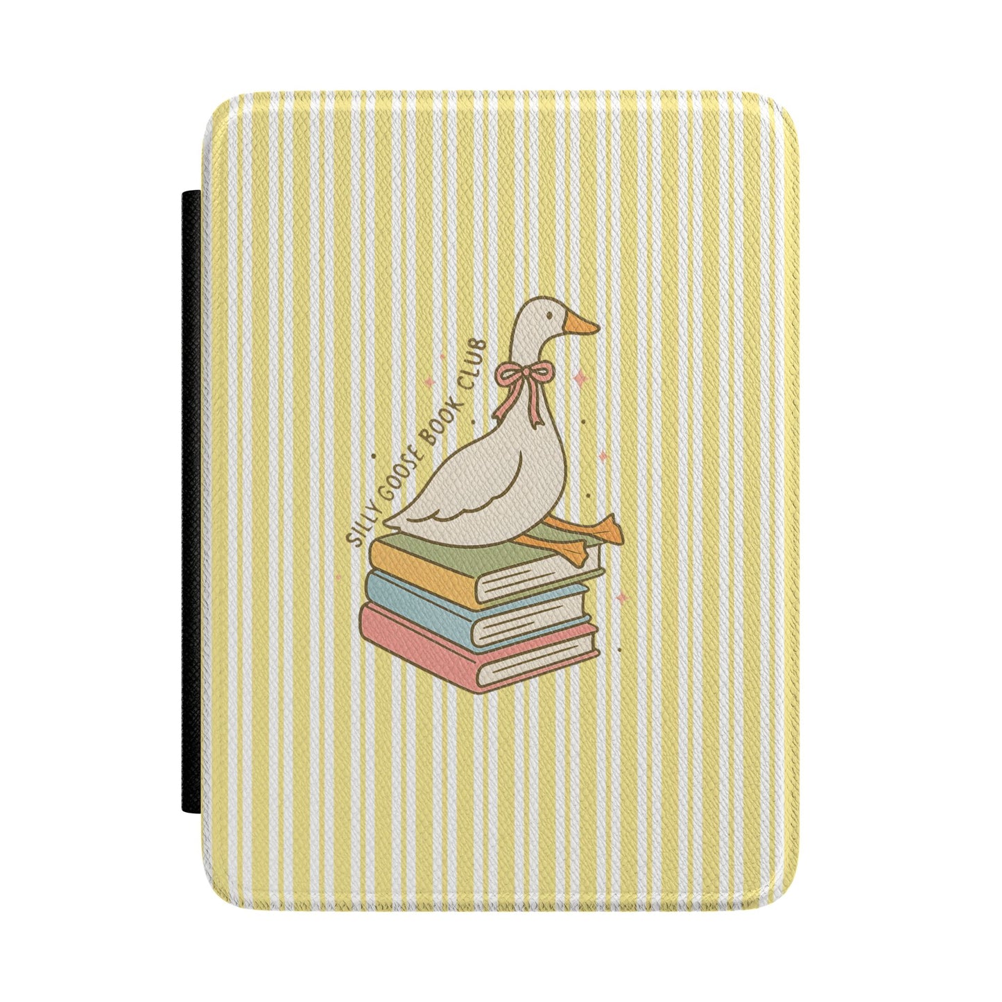 Butter yellow stripe Kindle Paperwhite case with reading goose — Jardin Secret cottagecore gift