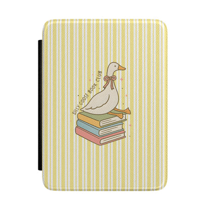 Butter yellow stripe Kindle Paperwhite case with reading goose — Jardin Secret cottagecore gift