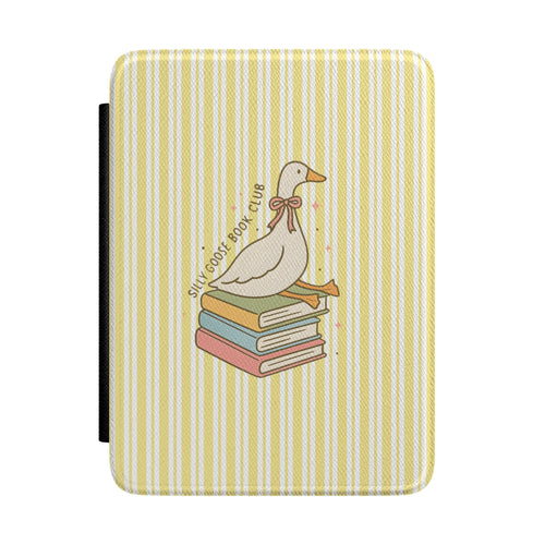 Butter yellow stripe Kindle Paperwhite case with reading goose — Jardin Secret cottagecore gift