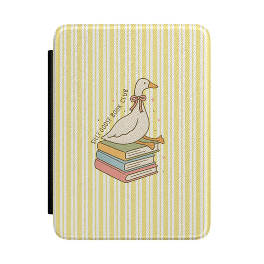 Butter yellow stripe Kindle Paperwhite case with reading goose — Jardin Secret cottagecore gift
