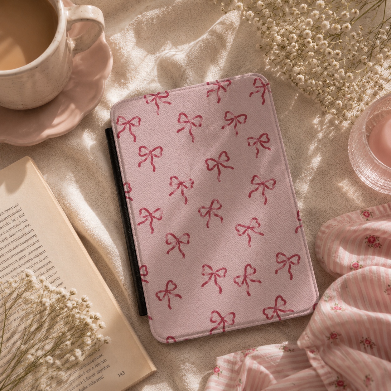 Red Bows Kindle case shown at an angle