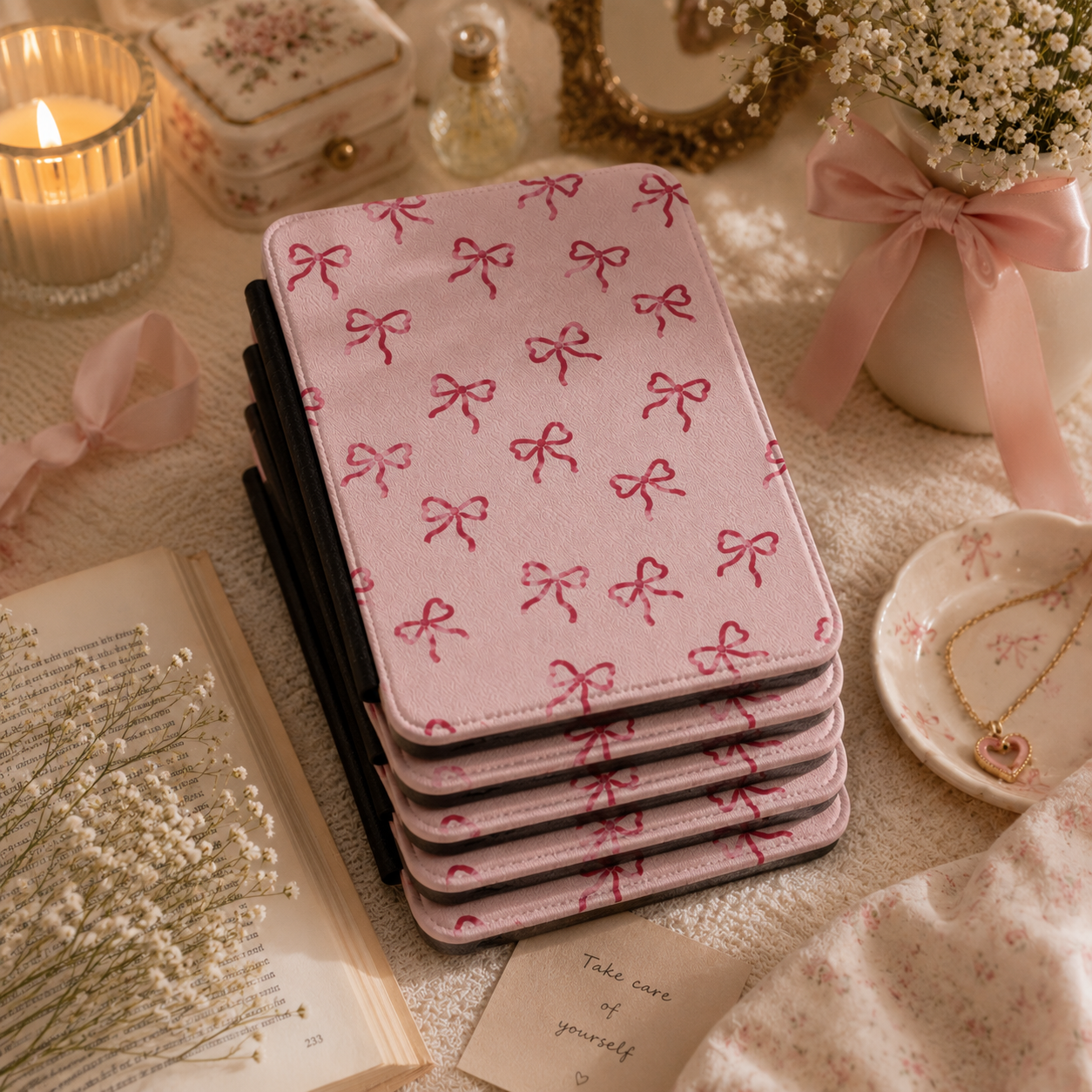 Close-up of Red Bows Saffiano Kindle case