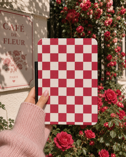 Red and white checkerboard Kindle case front cover close-up — Atelier classic check