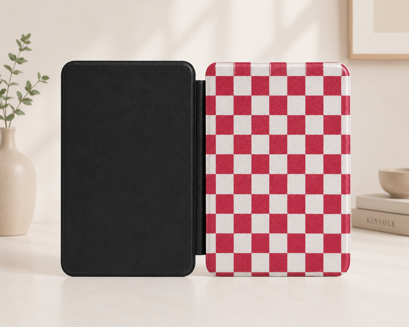 Cherry red and white checkerboard Kindle Paperwhite case — Atelier picnic gift for readers