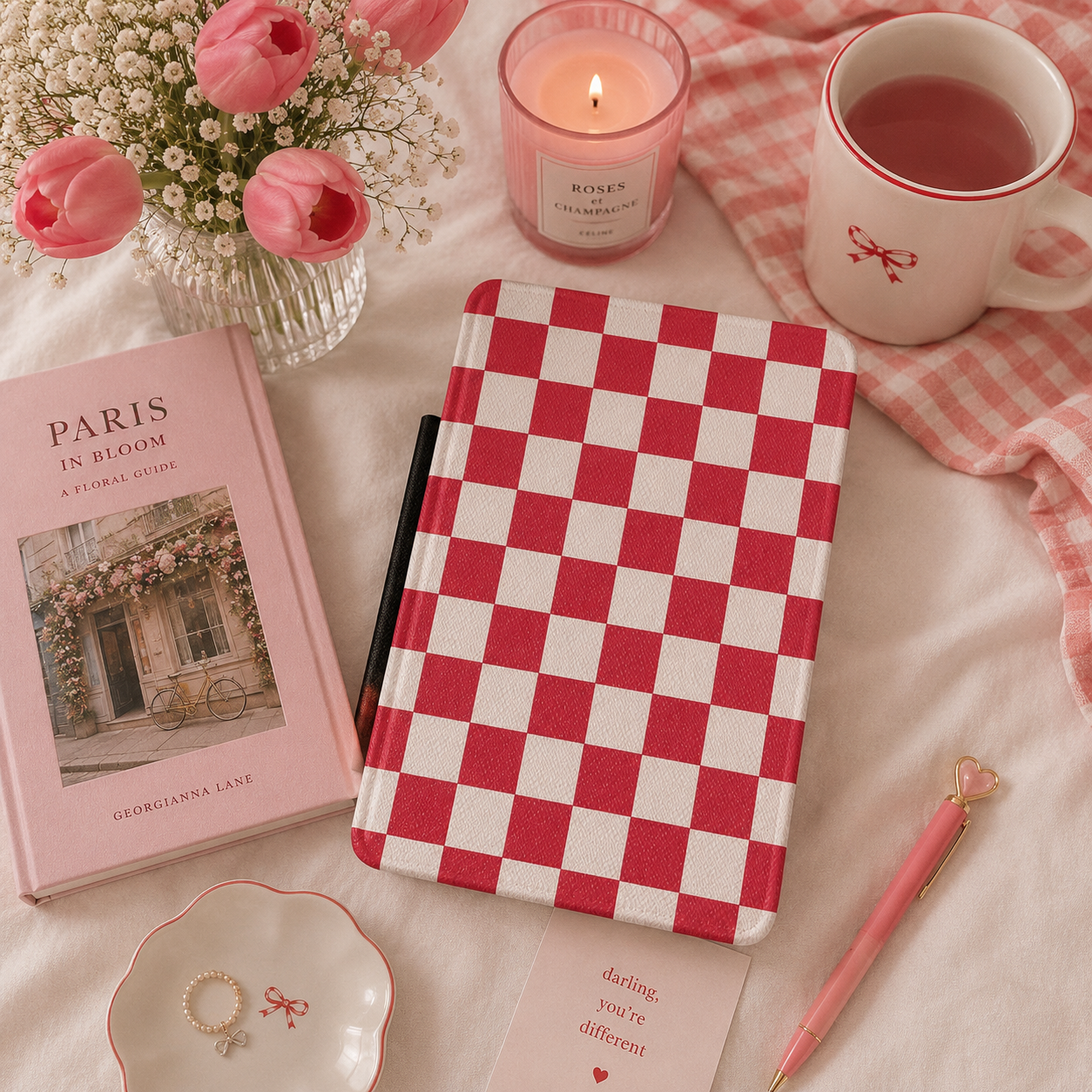 Red and white checkerboard Kindle case with elastic hand strap — Atelier classic picnic print