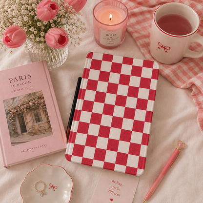 Red and white checkerboard Kindle case with elastic hand strap — Atelier classic picnic print