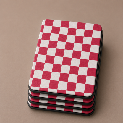 Red and white checkerboard Kindle case open showing black interior — Atelier picnic print