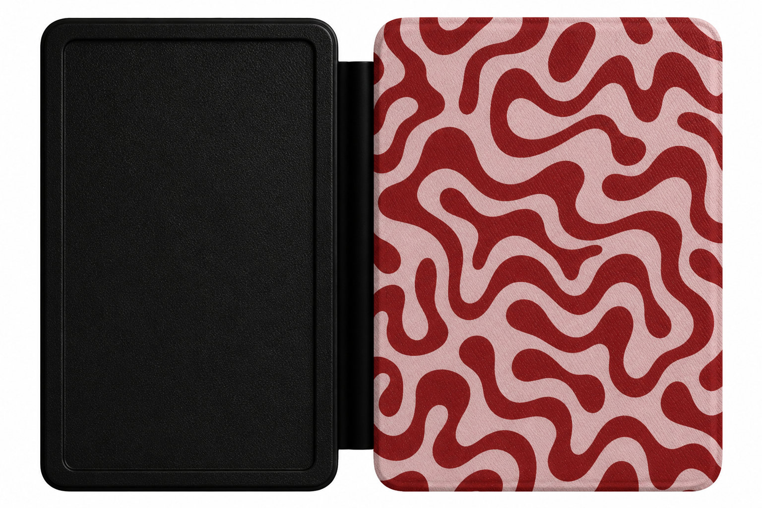 Retro Squiggle Kindle case open showing e-ink Kindle on right interior panel
