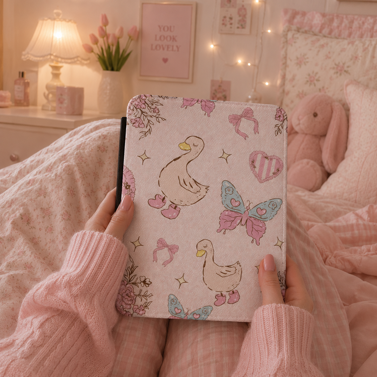 Cream geese with bows Kindle case front cover close-up — Jardin Secret cottagecore