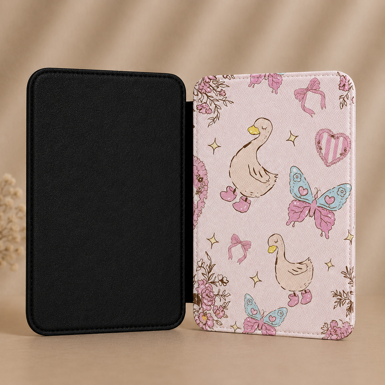 Cream Kindle Paperwhite case with ribboned geese — Jardin Secret cottagecore gift for readers