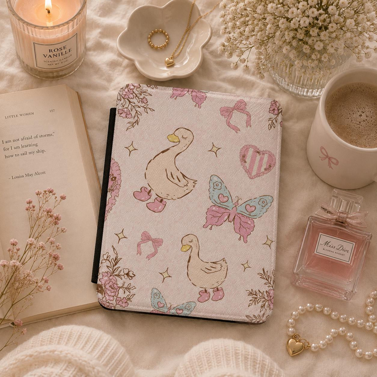 Ribboned geese Kindle case open showing black interior — Jardin Secret cottagecore