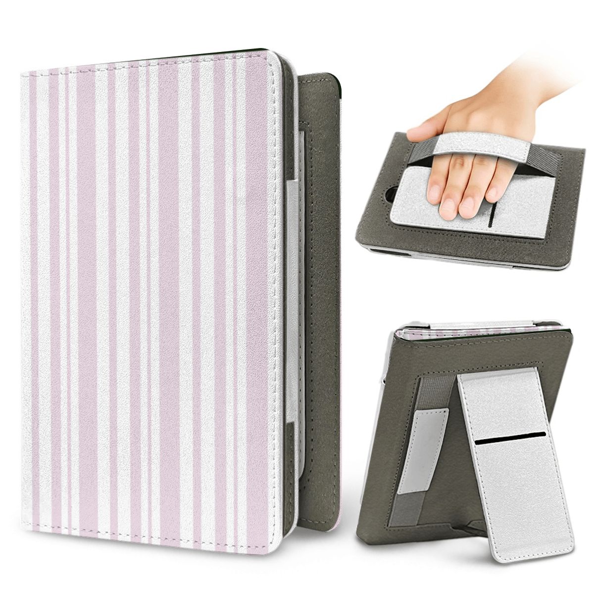 Blush Ticking Stripe Kindle case — elastic hand strap and fold-out stand on the back