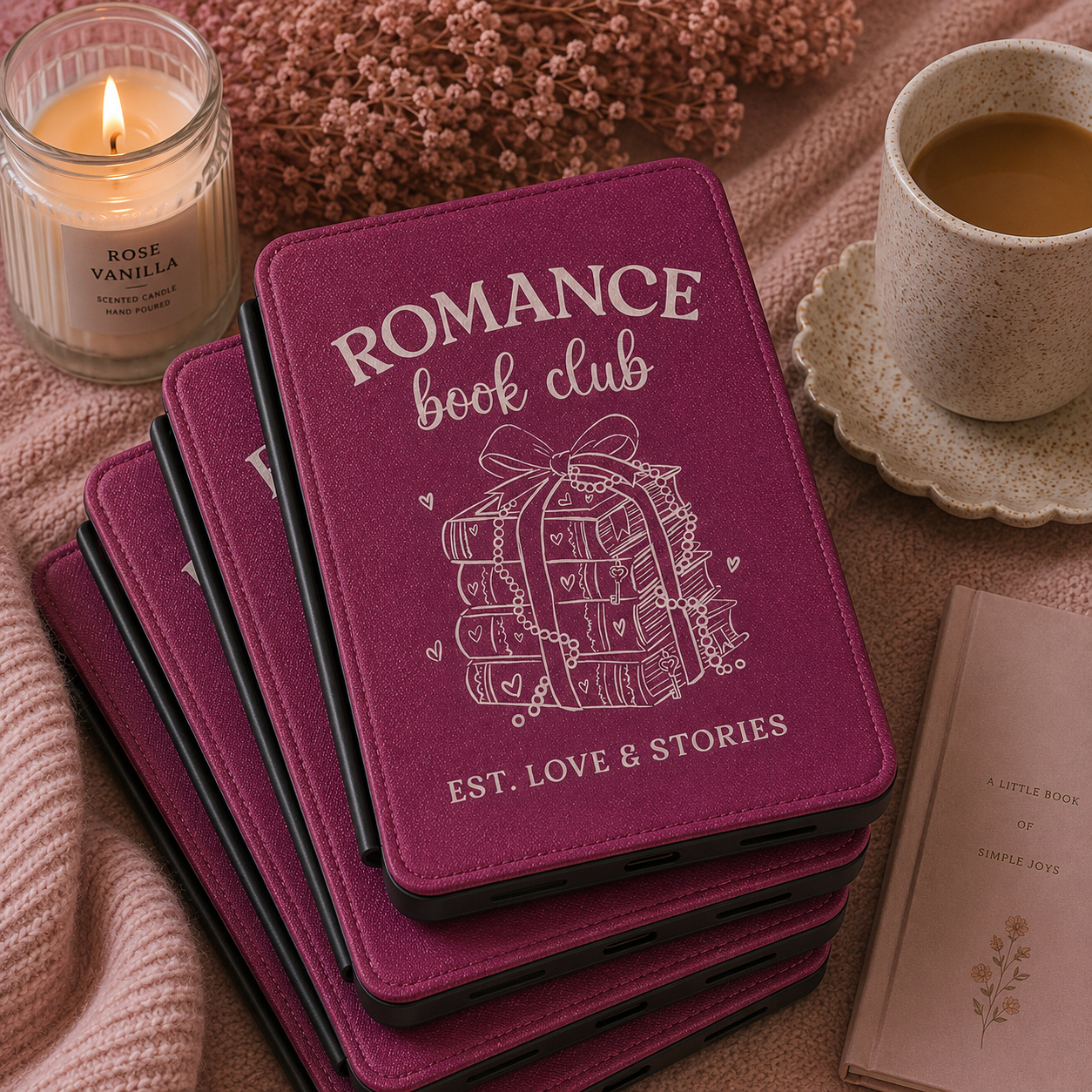 Romance Book Club berry Kindle case shown at an angle