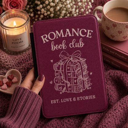 Close-up of berry Saffiano Romance Book Club Kindle case with cream ribbon-tied books line art