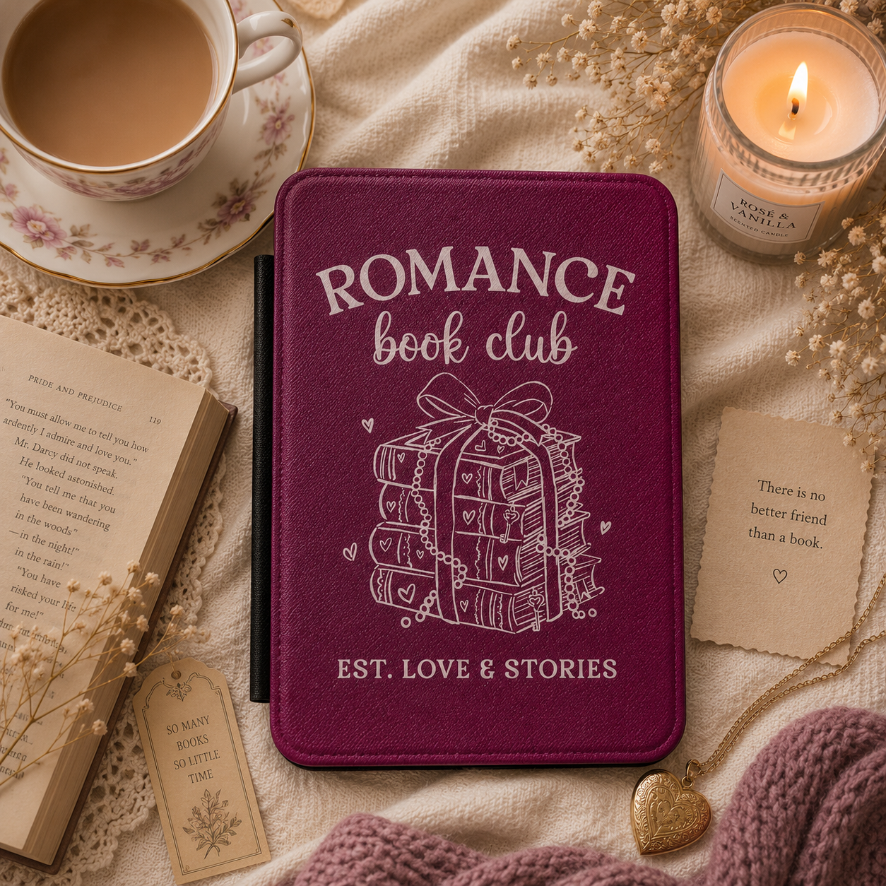 Romance Book Club Kindle case front cover in berry — cream line-art ribbon-tied books