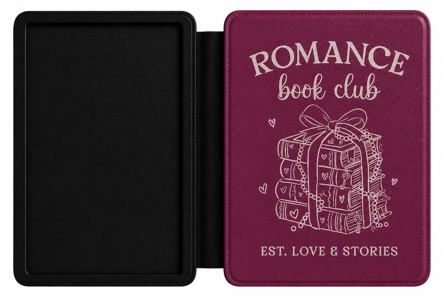 Romance Book Club berry Kindle case open showing e-ink Kindle on right interior panel