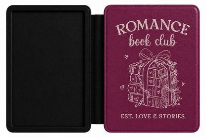 Romance Book Club berry Kindle case open showing e-ink Kindle on right interior panel
