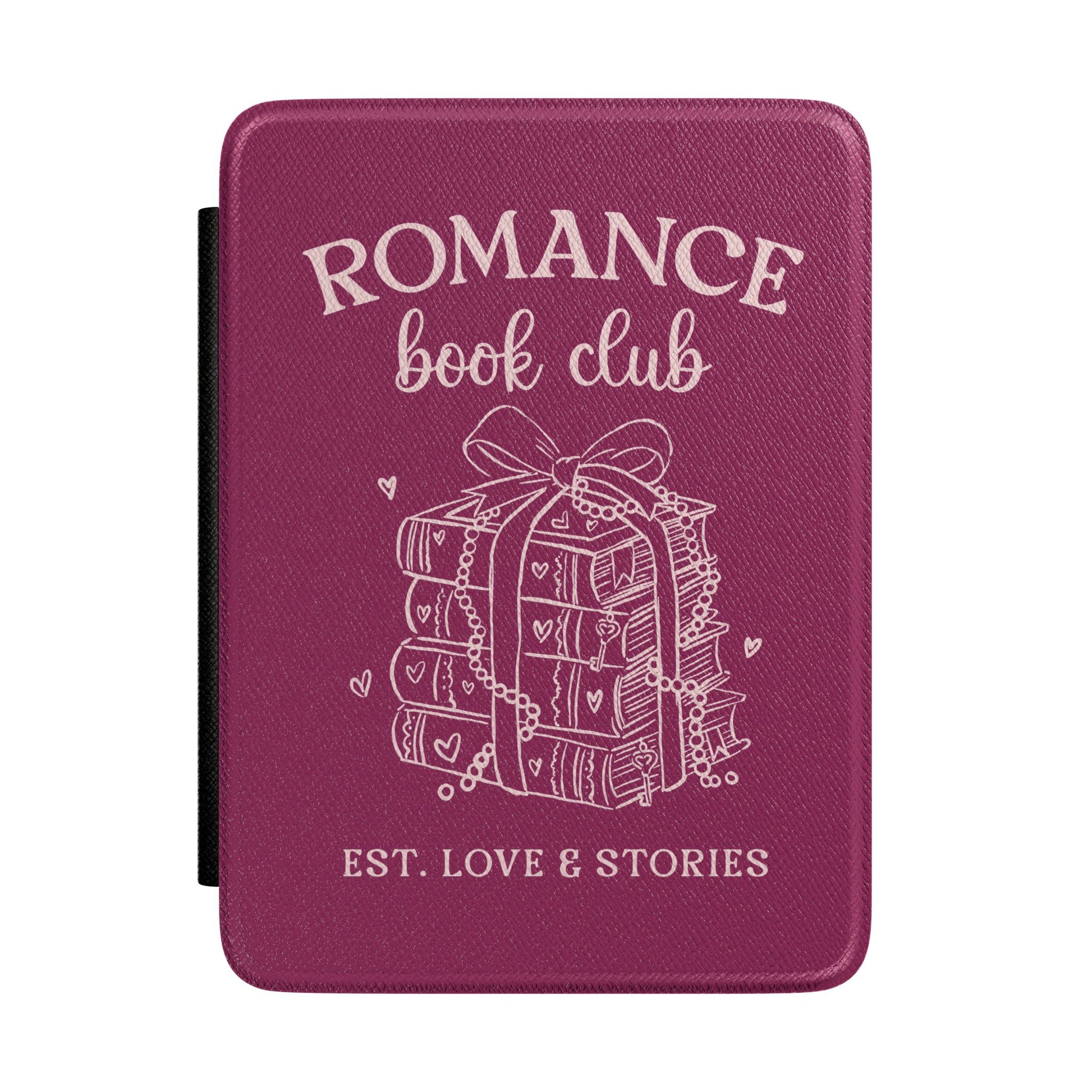 Romance Book Club Kindle case in berry — cream line-art ribbon-tied books with pearls and hearts, Coquette Reader gift for her