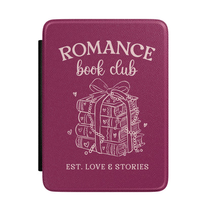 Romance Book Club Kindle case in berry — cream line-art ribbon-tied books with pearls and hearts, Coquette Reader gift for her