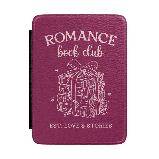 Romance Book Club Kindle case in berry — cream line-art ribbon-tied books with pearls and hearts, Coquette Reader gift for her