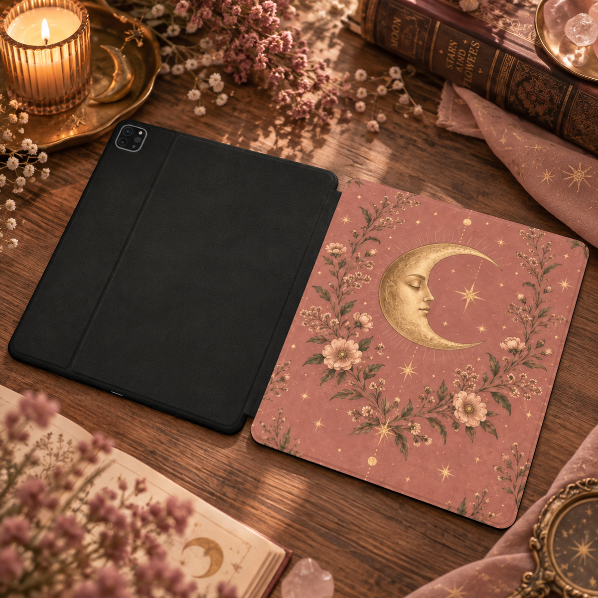 Rose Crescent Moon iPad case shown front and back — printed front cover, plain black back