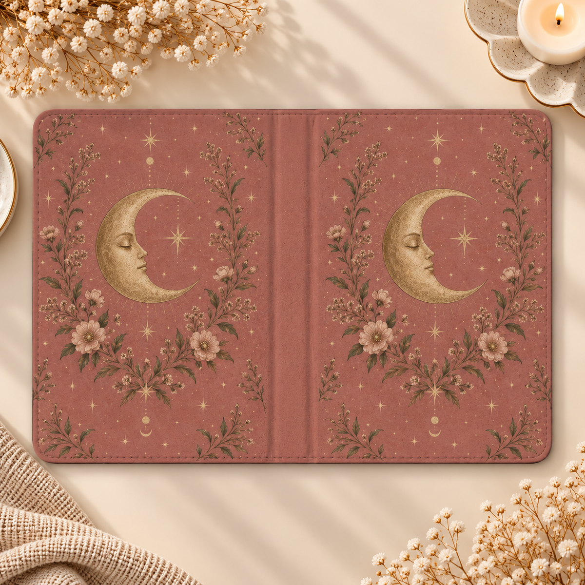 Rose Crescent Moon Kindle case opened flat, front and back — gold crescent moon with wildflowers and stars on dusty rose