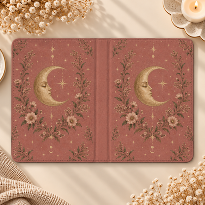 Rose Crescent Moon Kindle case opened flat, front and back — gold crescent moon with wildflowers and stars on dusty rose