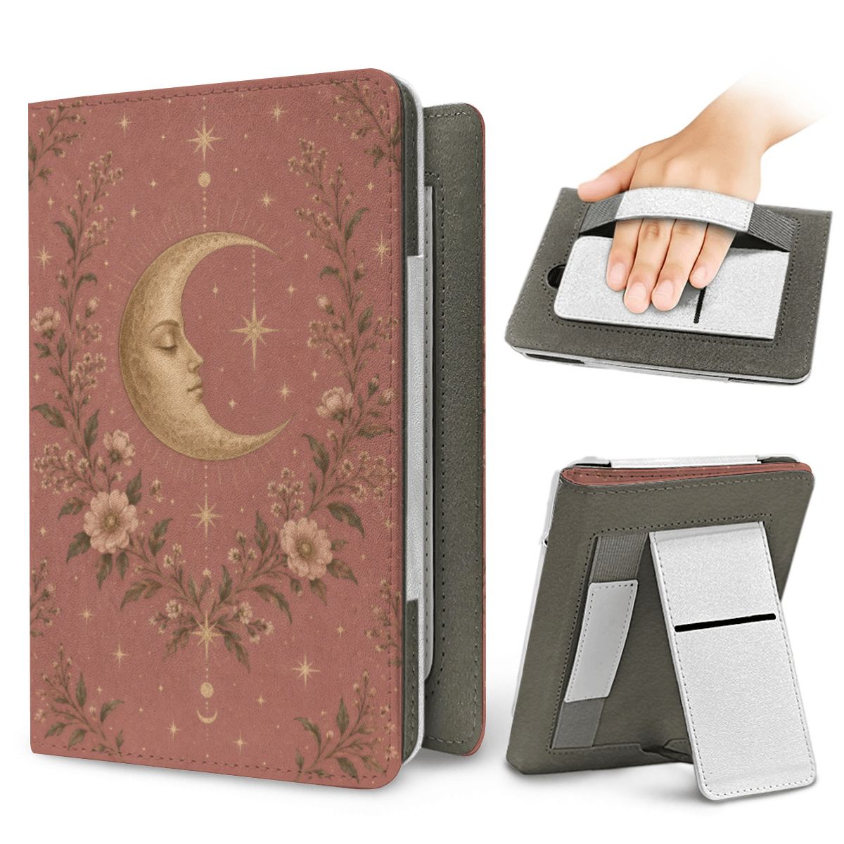 Rose Crescent Moon Kindle case — elastic hand strap and fold-out stand on the back