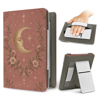Rose Crescent Moon Kindle case — elastic hand strap and fold-out stand on the back