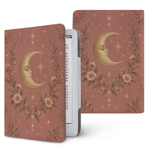 Rose Crescent Moon Kindle case — gold crescent moon with wildflowers and stars on dusty rose, printed front and back