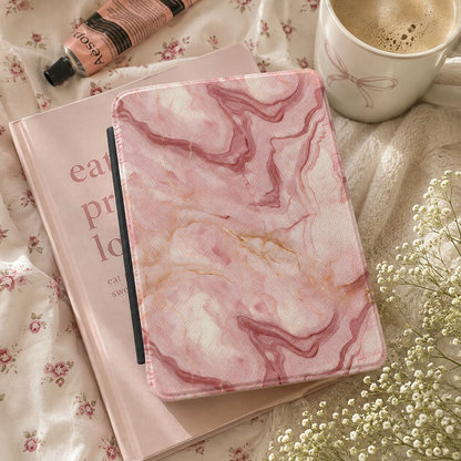 Rose marble Kindle case open, showing the Kindle mounted on the right interior panel
