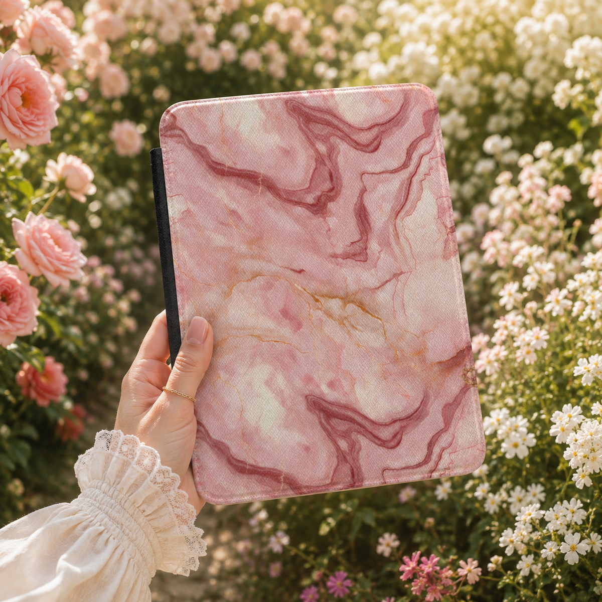 Rose marble Kindle case styled on a table with books