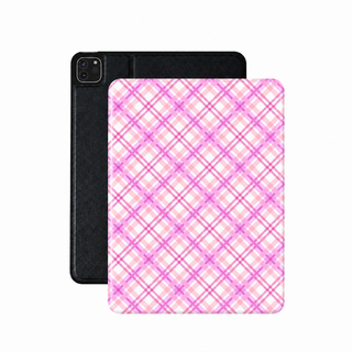 Pink diagonal plaid iPad case in rose and magenta vegan Saffiano leather — preppy check folio