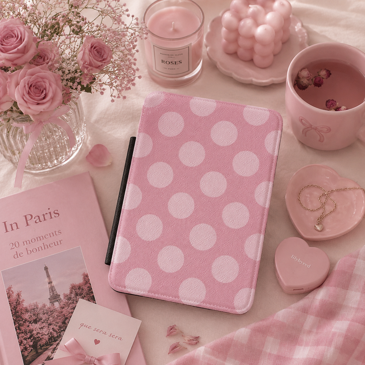 Rose polka dot Kindle case front cover close-up — Coquette Reader soft pink dots