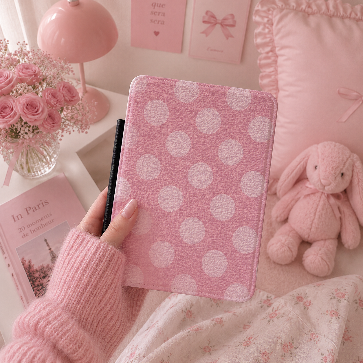 Rose polka dot Kindle case with elastic hand strap — Coquette Reader soft pink print