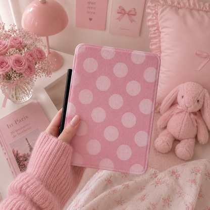 Rose polka dot Kindle case with elastic hand strap — Coquette Reader soft pink print
