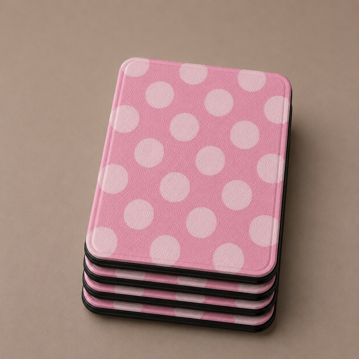 Rose polka dot Kindle case open showing black interior — Coquette Reader soft pink