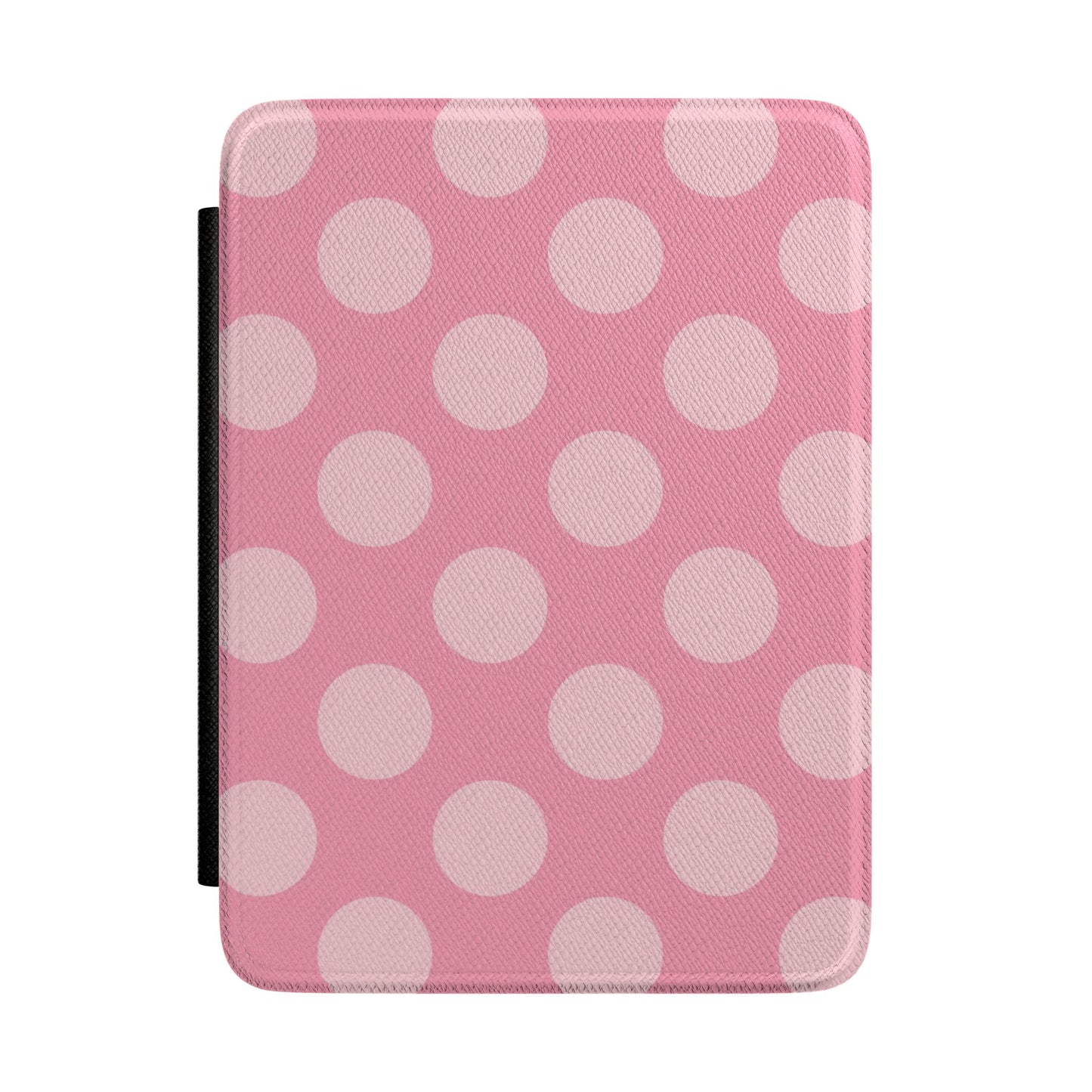 Rose pink Kindle Paperwhite case with large pale pink polka dots front cover — Coquette Reader gift for her