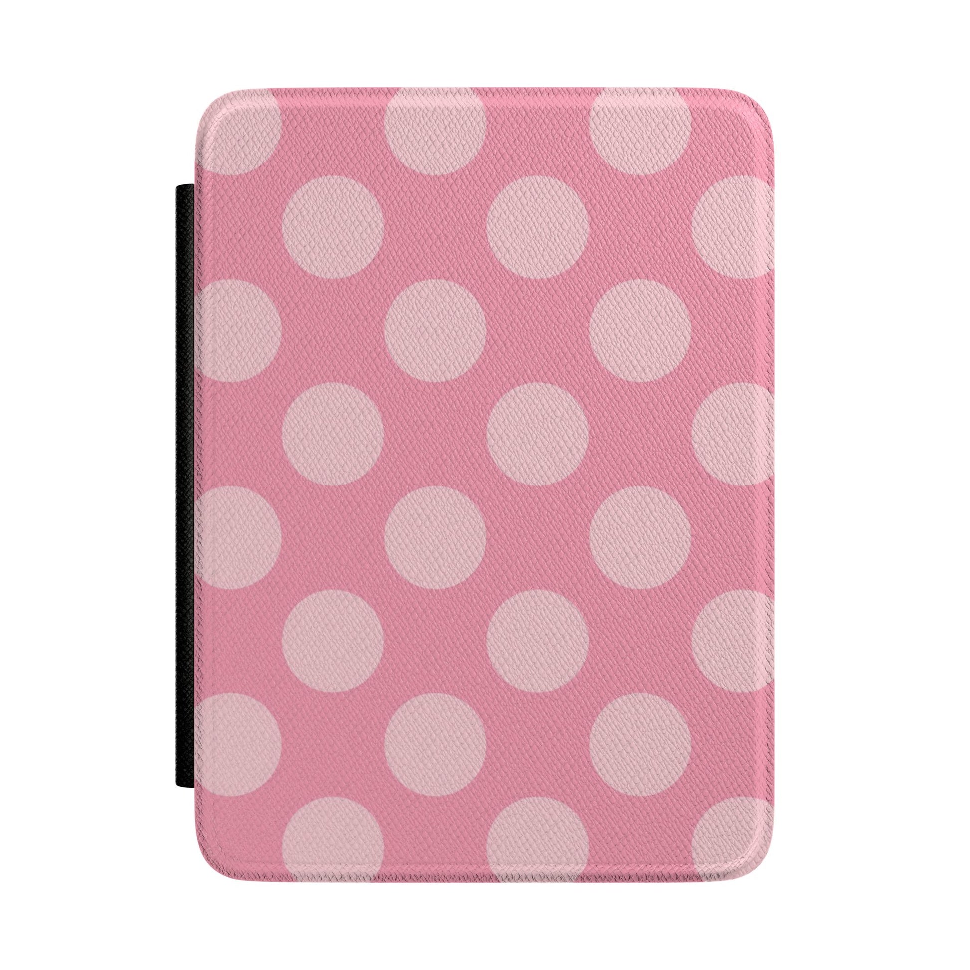 Rose pink Kindle Paperwhite case with large pale pink polka dots front cover — Coquette Reader gift for her