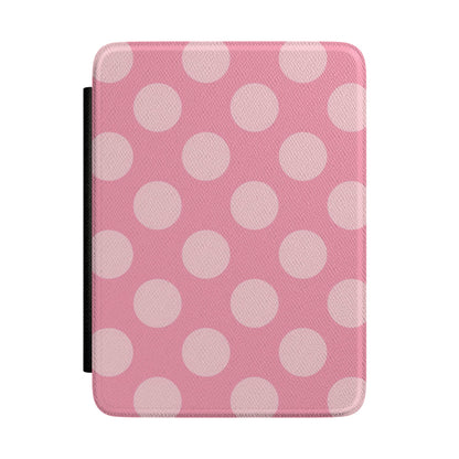 Rose pink Kindle Paperwhite case with large pale pink polka dots front cover — Coquette Reader gift for her