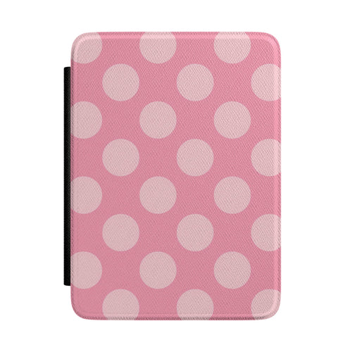 Rose pink Kindle Paperwhite case with large pale pink polka dots front cover — Coquette Reader gift for her
