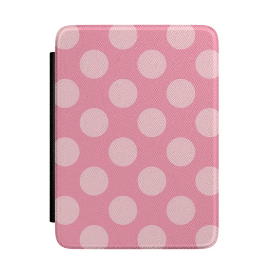 Rose pink Kindle Paperwhite case with large pale pink polka dots front cover — Coquette Reader gift for her