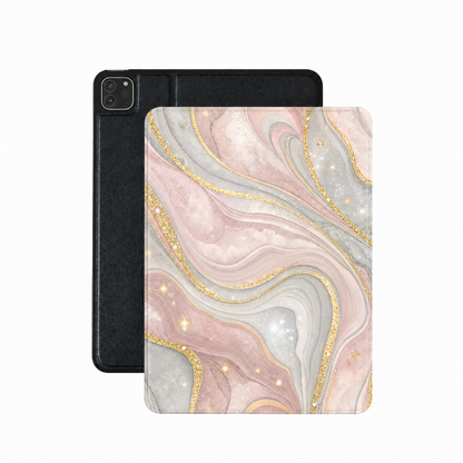 Rose quartz marble iPad case in blush and grey with gold glitter veins