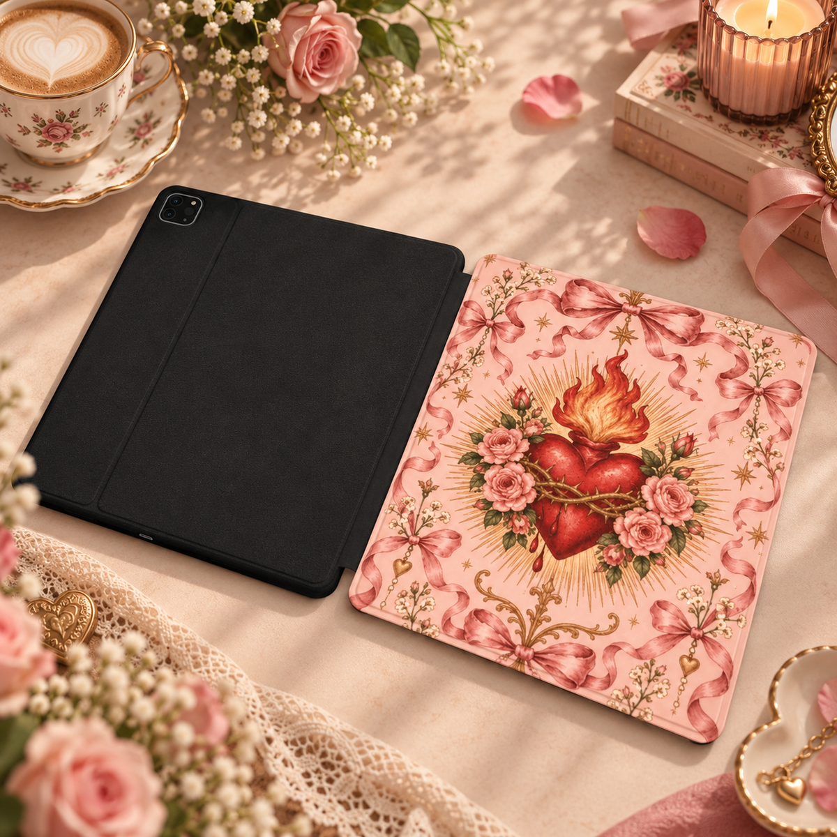 Rose Sacred Heart iPad case shown front and back — printed front cover, plain black back
