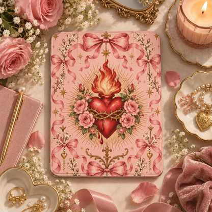 Rose Sacred Heart iPad case styled with pink roses, a candle and pearls